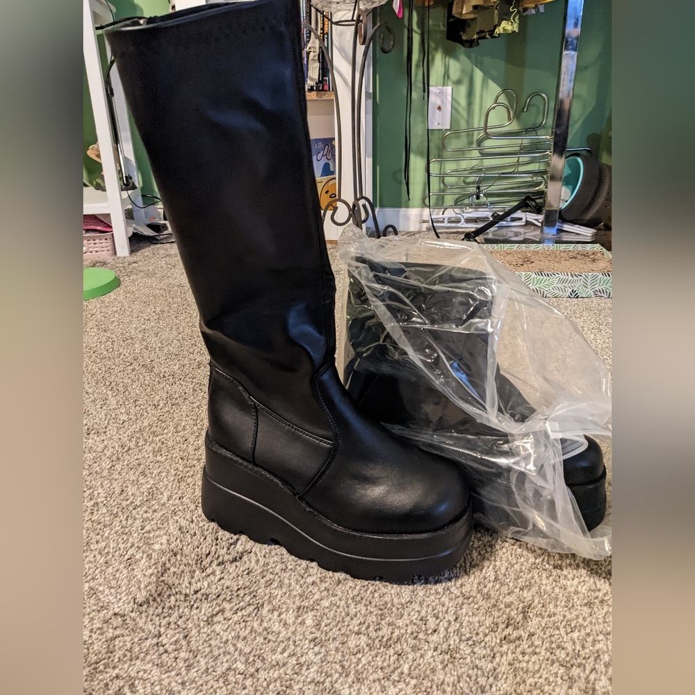 zip up faux leather platform knee high boots